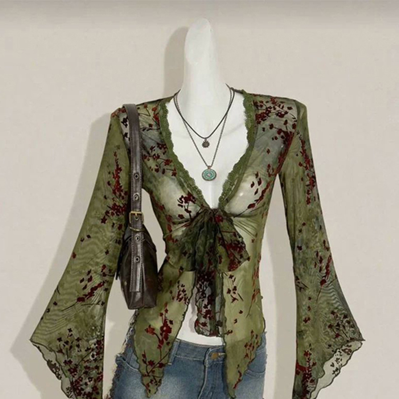 Romper Floral Print - MEXZT Vintage Bloemen Mesh Shirts Vrouwen