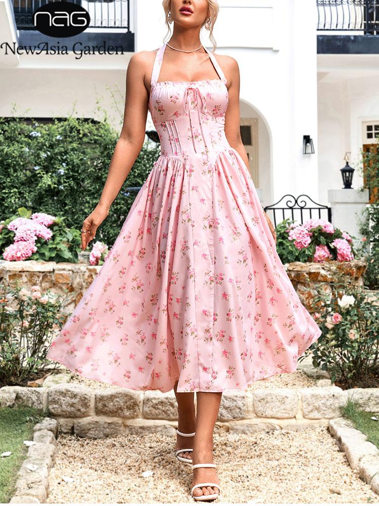 Midi Skirt Floral - NewAsia Dames Halter Backless Print Bloemen