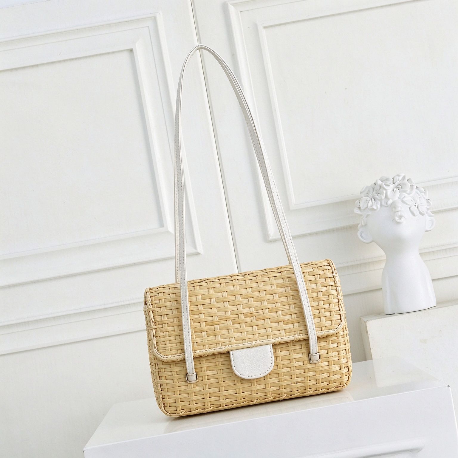 Tote Bag Beach - Dames handtas van rotan, mini vierkant